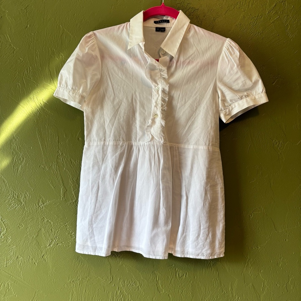 EUC Theory White Ruffle Button Blouse Peplum Short Sleeve Top Small